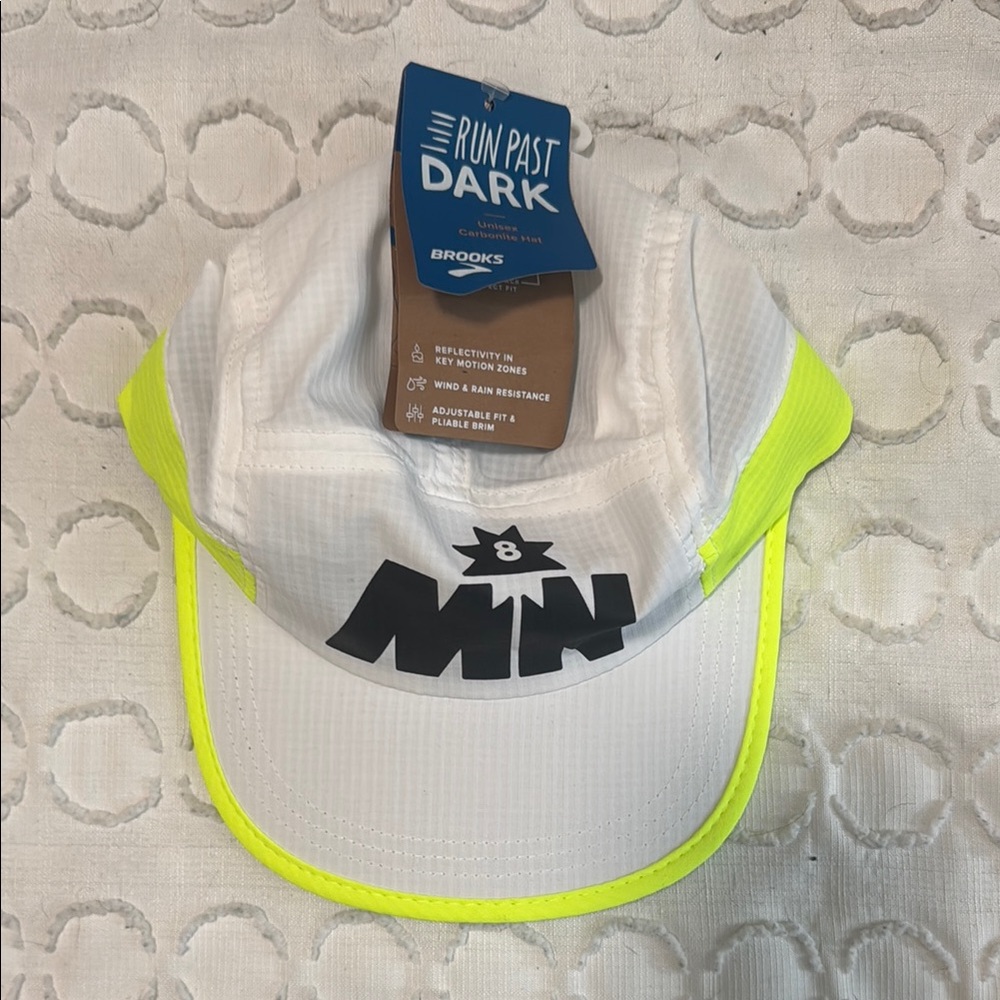 Brooks White and Neon Yellow running hat.